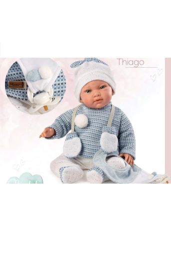 Κούκλα Μωρό, Thiago, με γαλάζιο ριγέ, γαντάκια, σκούφο και πιπίλα, 40εκ - Παιχνίδια στο diaplasibooks.gr