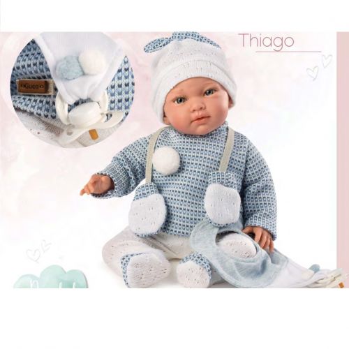 Κούκλα Μωρό, Thiago, με γαλάζιο ριγέ, γαντάκια, σκούφο και πιπίλα, 40εκ - Παιχνίδια στο diaplasibooks.gr